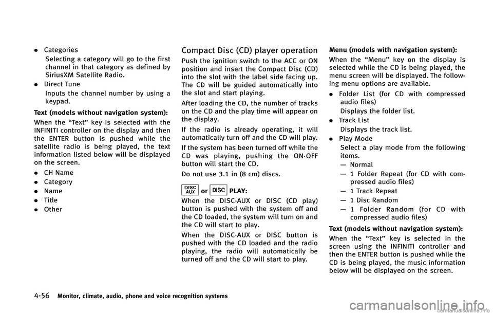 INFINITI Q60 CONVERTIBLE 2015  Owners Manual �����.�P�O�J�U�P�S�
 �D�M�J�N�B�U�F�
 �B�V�E�J�P�
 �Q�I�P�O�F �B�O�E �W�P�J�D�F �S�F�D�P�H�O�J�U�J�P�O �T�Z�T�U�F�N�T
.�$�B�U�F�H�P�S�J�F�T
�4�F�M�F�D�U�J�O�H �B �D�B�U�F�H�P�S�Z �X�J�M�M �H�P �U�
