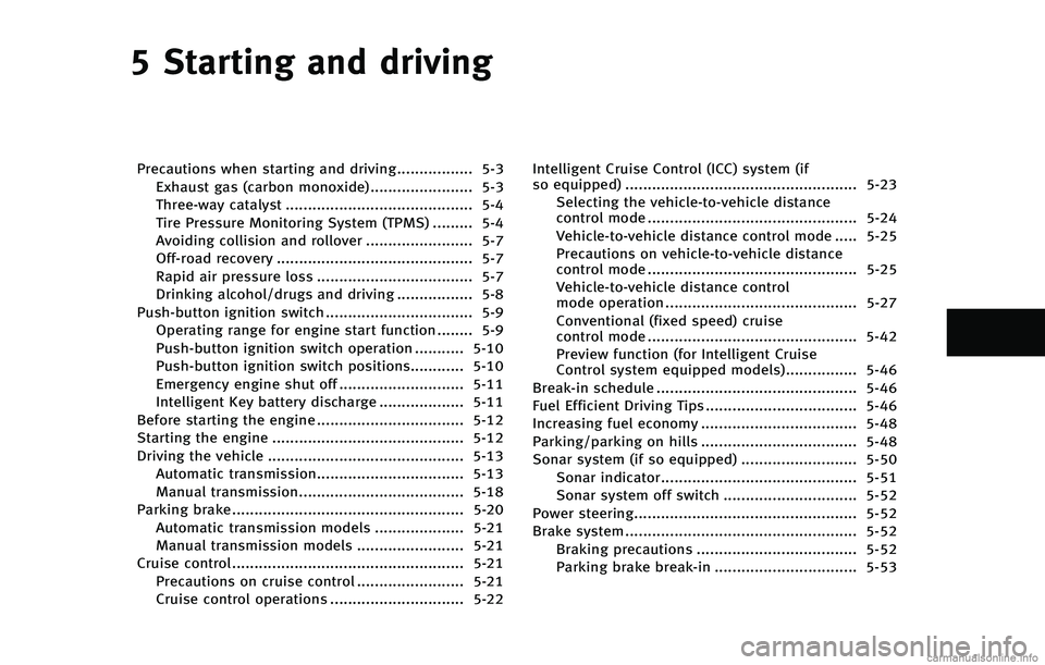 INFINITI Q60 CONVERTIBLE 2015  Owners Manual � �4�U�B�S�U�J�O�H �B�O�E �E�S�J�W�J�O�H
�1�S�F�D�B�V�U�J�P�O�T �X�I�F�O �T�U�B�S�U�J�O�H �B�O�E �E�S�J�W�J�O�H����������������� ����&�Y�I�B�V�T�U �H�B�T �	�D�B�S�C�P�O �N�P�O�P�Y