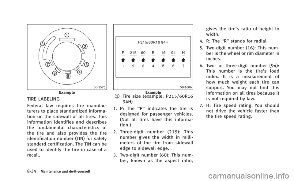 INFINITI Q60 COUPE 2014  Owners Manual 8-34Maintenance and do-it-yourself
SDI1575
Example
TIRE LABELING
Federal law requires tire manufac-
turers to place standardized informa-
tion on the sidewall of all tires. This
information identifies