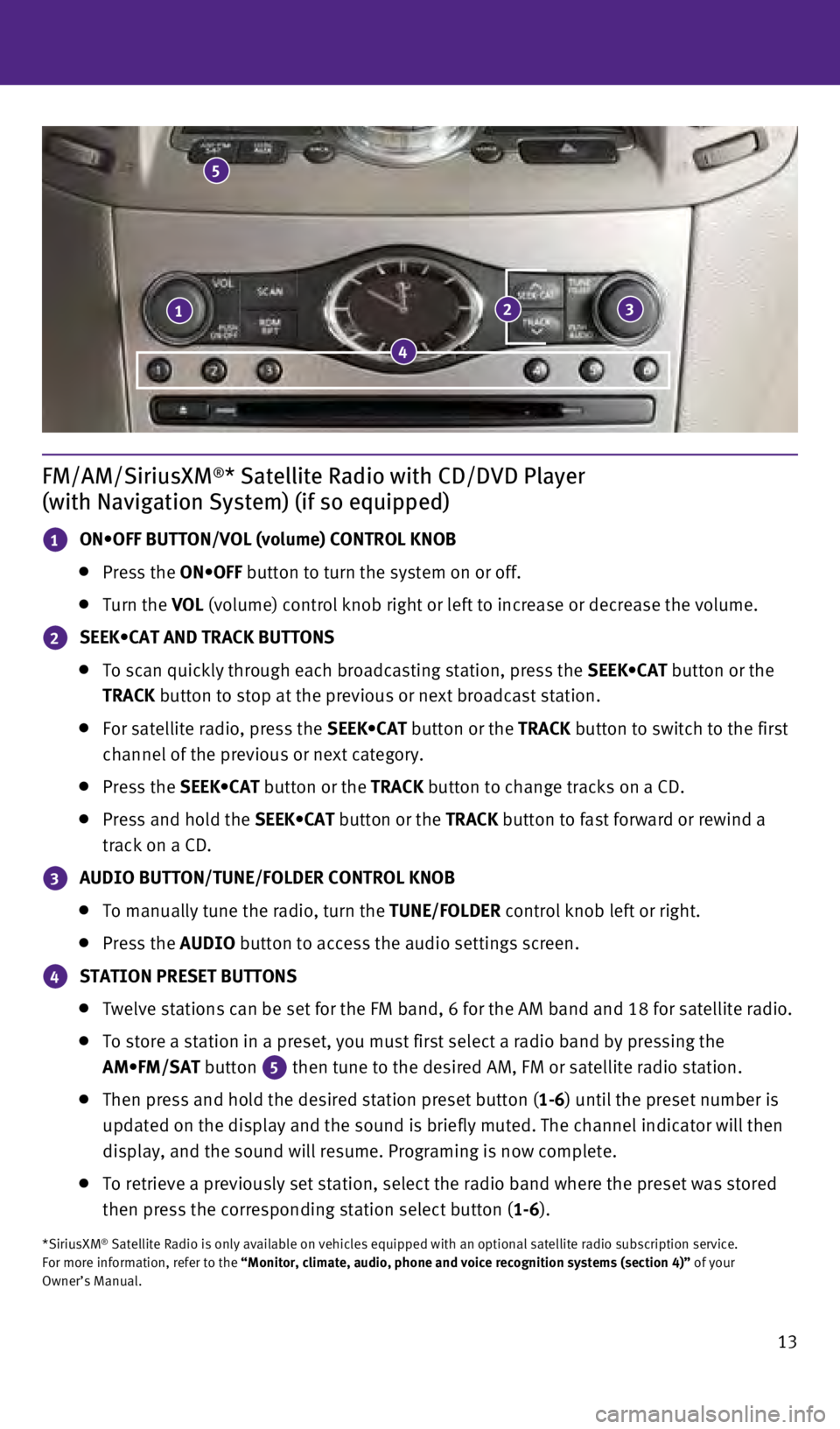 INFINITI Q60 COUPE 2015 Quick Reference Guide 13
FM/AM/SiriusXM®* Satellite Radio with CD/DVD Player
(with Navigation System) (if so equipped)
1 ON•OFF BUTTON/VOL (volume) CONTROL KNOB
Press the ON•OFF button to turn the system on INFINITI Q60 COUPE 2015 Quick Reference Guide 13
FM/AM/SiriusXM®* Satellite Radio with CD/DVD Player
(with Navigation System) (if so equipped)
1 ON•OFF BUTTON/VOL (volume) CONTROL KNOB
Press the ON•OFF button to turn the system on