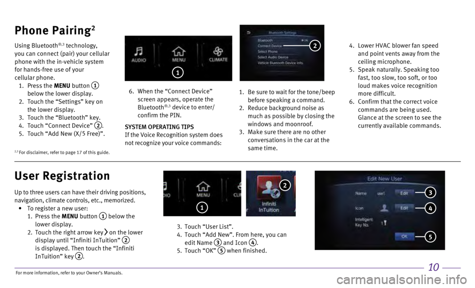 INFINITI Q60 COUPE 2017  Quick Reference Guide 10
Up to three users can have their driving positions, 
navigation, climate controls, etc., memorized.
 •
   
To register a new user: 

 
1.

    Press  the  MENU button 
 1 below the 
lower display
