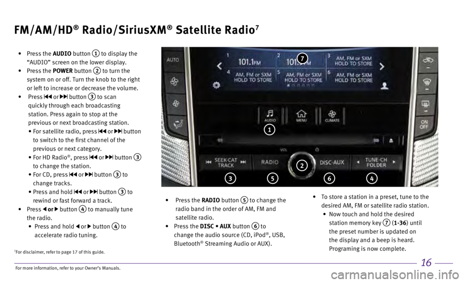 INFINITI Q60 COUPE 2017  Quick Reference Guide 16
FM/AM/HD® Radio/SiriusXM® Satellite Radio7
 •    Press  the  AUDIO button  1 to display the 
“AUDIO” screen on the lower display.
 •

   
Press  the  POWER button 
 2 to turn the 
system 