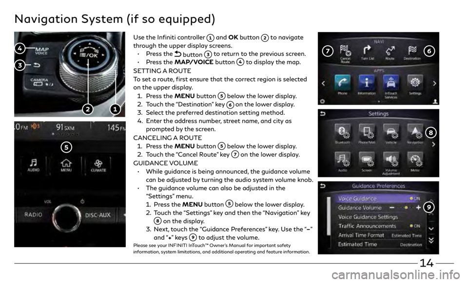 INFINITI Q60 COUPE 2019  Quick Reference Guide 14
Navigation System (if so equipped)
Use the Infiniti controller  and OK button  to navigate 
through the upper display screens.
 •

   
Press  the 
 button   to return to the previous screen.
 •