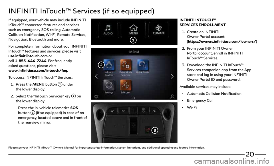 INFINITI Q60 COUPE 2020  Quick Reference Guide 20
Please see your INFINITI InTouch™ Owner’s Manual for important safety information, system limitations, and additional operating and feature information.
INFINITI InTouch™ Services (if so equi