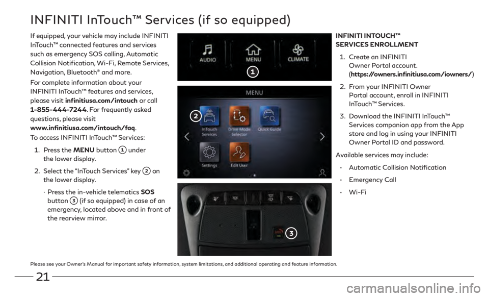 INFINITI Q60 COUPE 2021  Quick Reference Guide 21
Please see your Owner’s Manual for important safety information, system limitations, and additional operating and feature information.
INFINITI InTouch™ Services (if so equipped)
If equipped, y