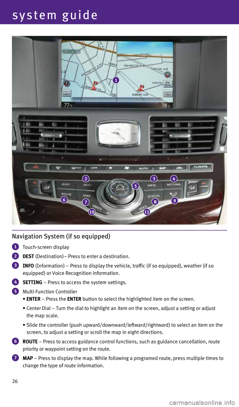 INFINITI Q70 2015 Quick Reference Guide 26
system guide
Navigation System (if so equipped)
1 Touch-screen display
2 DEST (Destination)– Press to enter a destination.
3 INFO
(Information) – Press to display the vehicle, traffic (if INFINITI Q70 2015 Quick Reference Guide 26
system guide
Navigation System (if so equipped)
1 Touch-screen display
2 DEST (Destination)– Press to enter a destination.
3 INFO
(Information) – Press to display the vehicle, traffic (if
