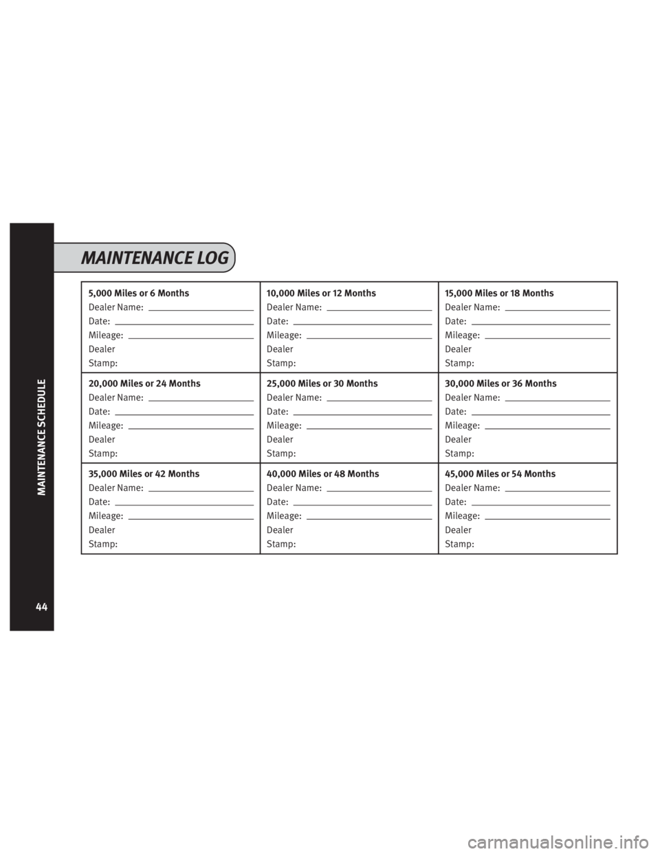 INFINITI QX80 2016  Service And Maintenance Guide 5,000 Miles or 6 Months
Dealer Name:
Date:
Mileage:
Dealer
Stamp:10,000 Miles or 12 Months
Dealer Name:
Date:
Mileage:
Dealer
Stamp:15,000 Miles or 18 Months
Dealer Name:
Date:
Mileage:
Dealer
Stamp:
