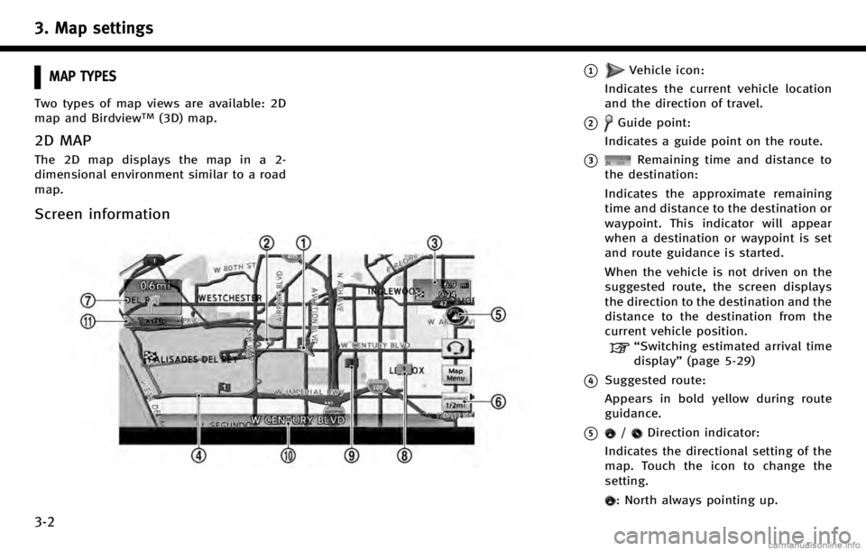 INFINITI Q70 HYBRID 2017  Navigation Manual 3. Map settings
3-2
MAP TYPES
Two types of map views are available: 2D
map and BirdviewTM(3D) map.
2D MAP
The 2D map displays the map in a 2-
dimensional environment similar to a road
map.
Screen info