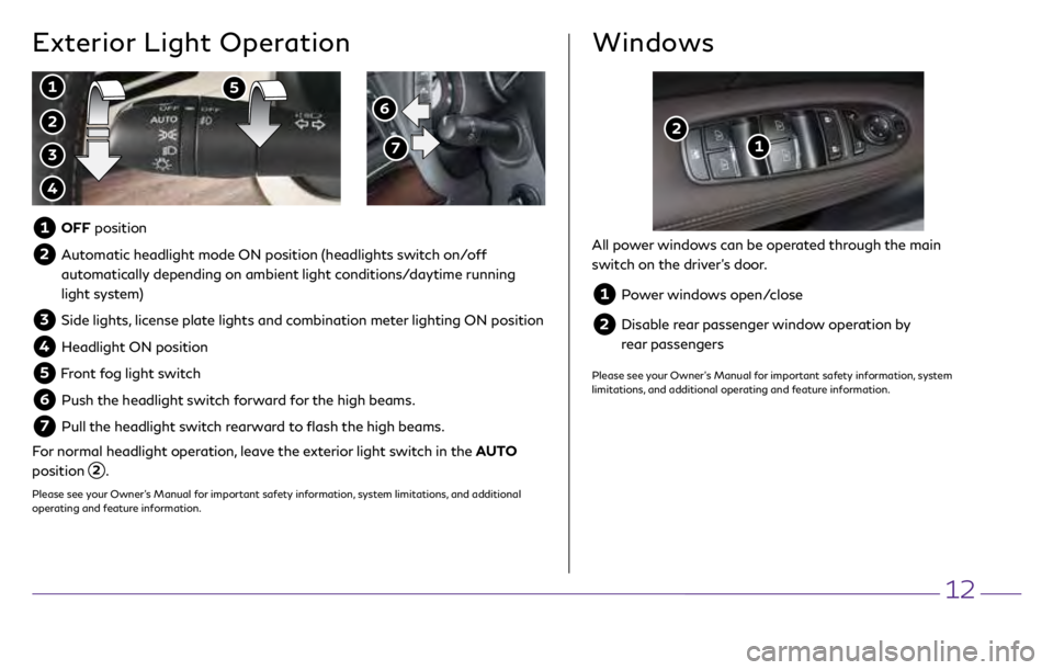 INFINITI Q70 2018 Quick Reference Guide 12
6
7
Exterior Light Operation Windows
2
1 5
3
4
1
2
1 OFF position
2 Automatic headlight mode ON position (headlights switch on/off
automatically depending on ambient light condition INFINITI Q70 2018 Quick Reference Guide 12
6
7
Exterior Light Operation Windows
2
1 5
3
4
1
2
1 OFF position
2 Automatic headlight mode ON position (headlights switch on/off
automatically depending on ambient light condition