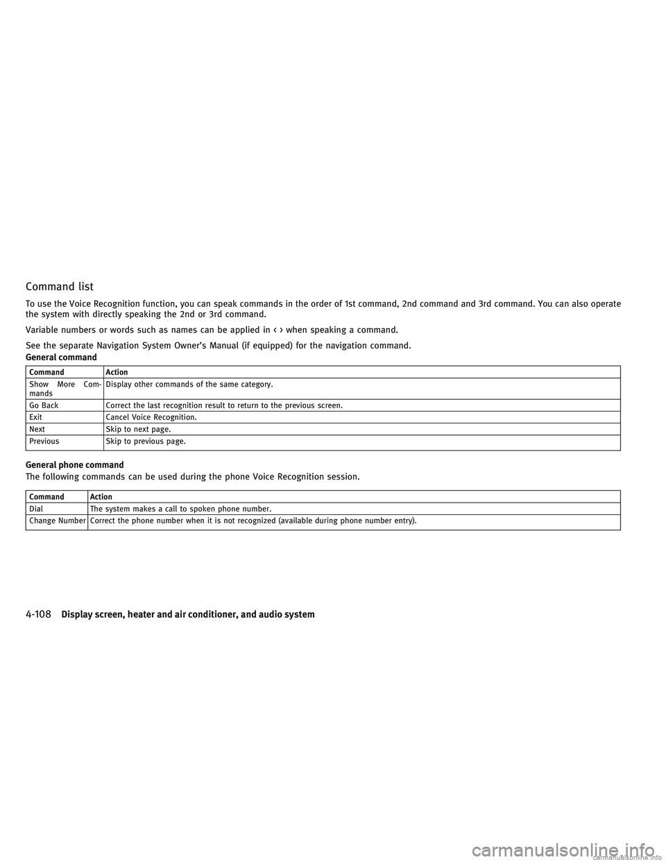 INFINITI QX30 2017 Owners Manual Command list
To use the Voice Recognition function, you can speak commands in the order of 1st command, 2nd command and 3rd command. You can also operate
the system with directly speaking the 2nd or 3 INFINITI QX30 2017 Owners Manual Command list
To use the Voice Recognition function, you can speak commands in the order of 1st command, 2nd command and 3rd command. You can also operate
the system with directly speaking the 2nd or 3