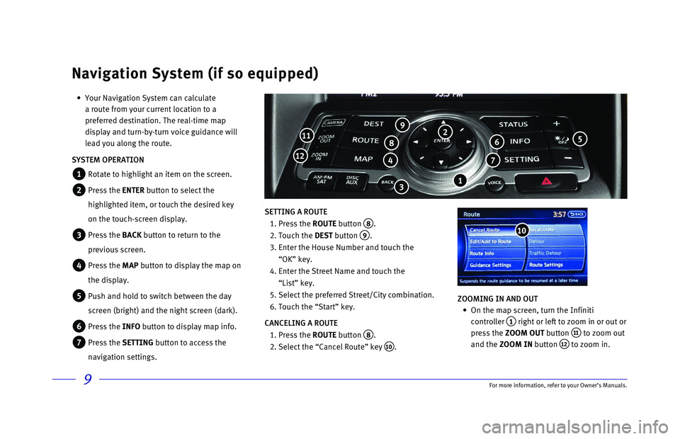 INFINITI QX50 2017  Quick Reference Guide 9
 •  Your Navigation System can calculate 
a route from your current location to a 
preferred destination. The real-time map 
display and turn-by-turn voice guidance will 
lead you along the route.