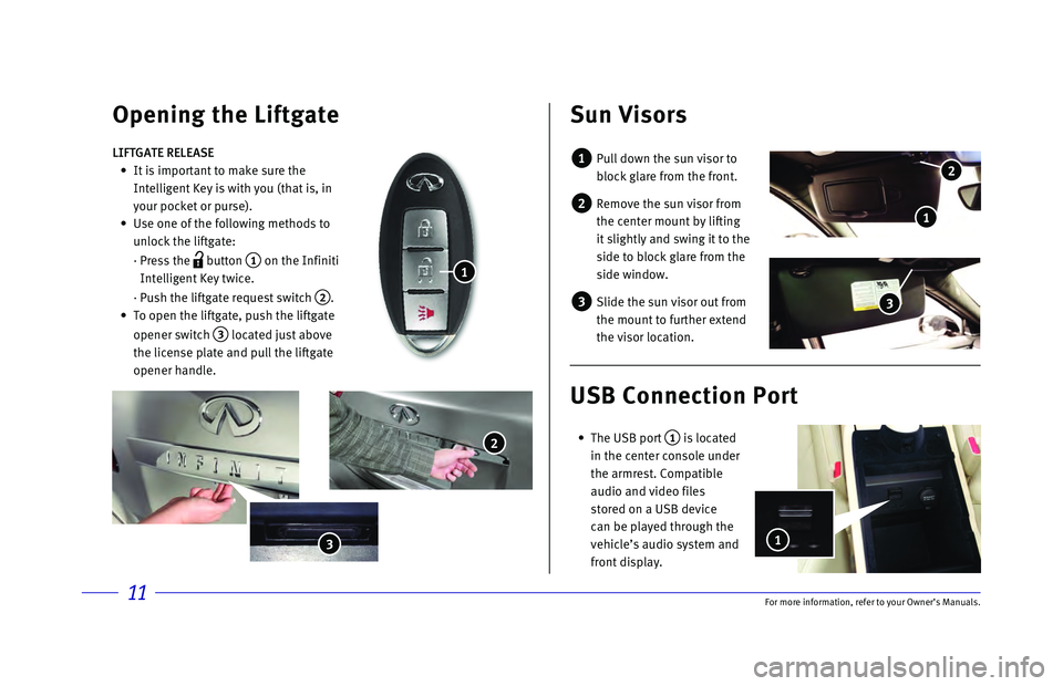 INFINITI QX50 2017 Quick Reference Guide 11\bor more informatio\nn, refer to your Ow\nner’s Manuals.
3
Opening the Liftga\Tte Sun Visors
1 Pull down the sun v\nisor to
blo\fk glare from th\ne front.
2 Remove the sun viso\nr from
th INFINITI QX50 2017 Quick Reference Guide 11\bor more informatio\nn, refer to your Ow\nner’s Manuals.
3
Opening the Liftga\Tte Sun Visors
1 Pull down the sun v\nisor to
blo\fk glare from th\ne front.
2 Remove the sun viso\nr from
th