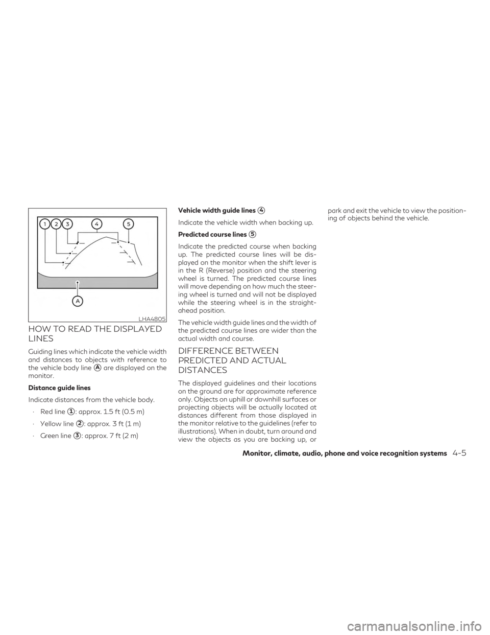 INFINITI QX50 2020 Owners Manual HOW TO READ THE DISPLAYED
LINES
Guiding lines which indicate the vehicle width
and distances to objects with reference to
the vehicle body line
Aare displayed on the
monitor.
Distance guide lines
Ind INFINITI QX50 2020 Owners Manual HOW TO READ THE DISPLAYED
LINES
Guiding lines which indicate the vehicle width
and distances to objects with reference to
the vehicle body line
Aare displayed on the
monitor.
Distance guide lines
Ind