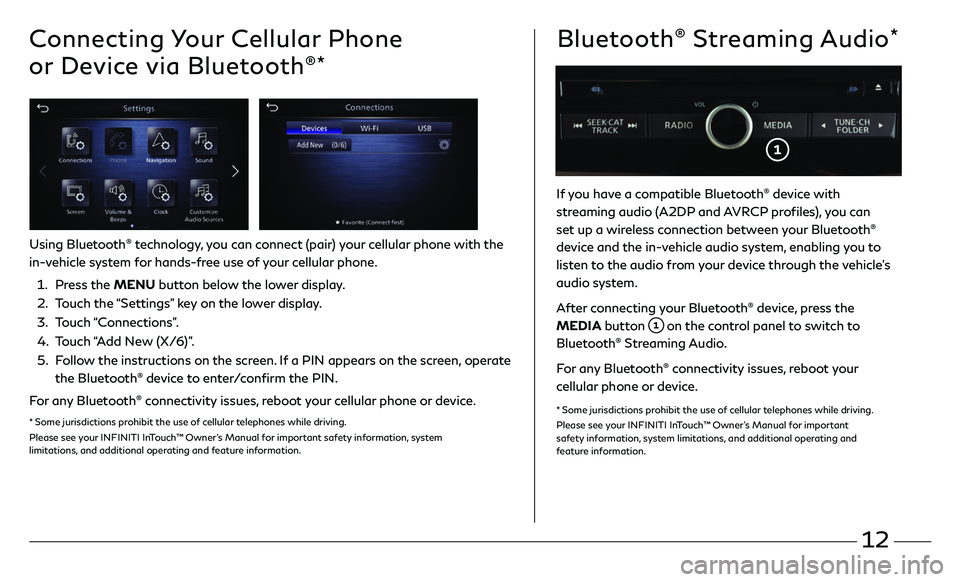 INFINITI QX50 2020  Quick Reference Guide 12
Connecting Your Cellular Phone 
or Device via Bluetooth
®*
Using Bluetooth® technology, you can connect (pair) your cellular phone with the 
in-vehicle system for hands-free use of your cellular 