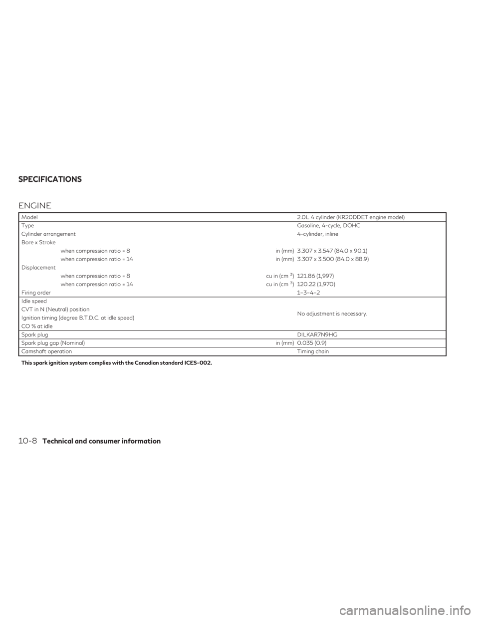 INFINITI QX50 2021  Owners Manual ENGINE
Model2.0L 4 cylinder (KR20DDET engine model)
Type Gasoline, 4-cycle, DOHC
Cylinder arrangement 4-cylinder, inline
Bore x Stroke when compression ratio = 8 in (mm) 3.307 x 3.547 (84.0 x 90.1)
wh