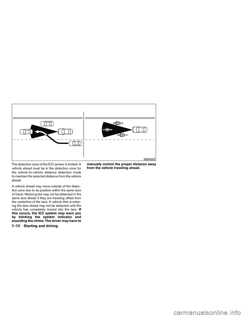 INFINITI QX60 2015  Owners Manual The detection zone of the ICC sensor is limited. A
vehicle ahead must be in the detection zone for
the vehicle-to-vehicle distance detection mode
to maintain the selected distance from the vehicle
ahe