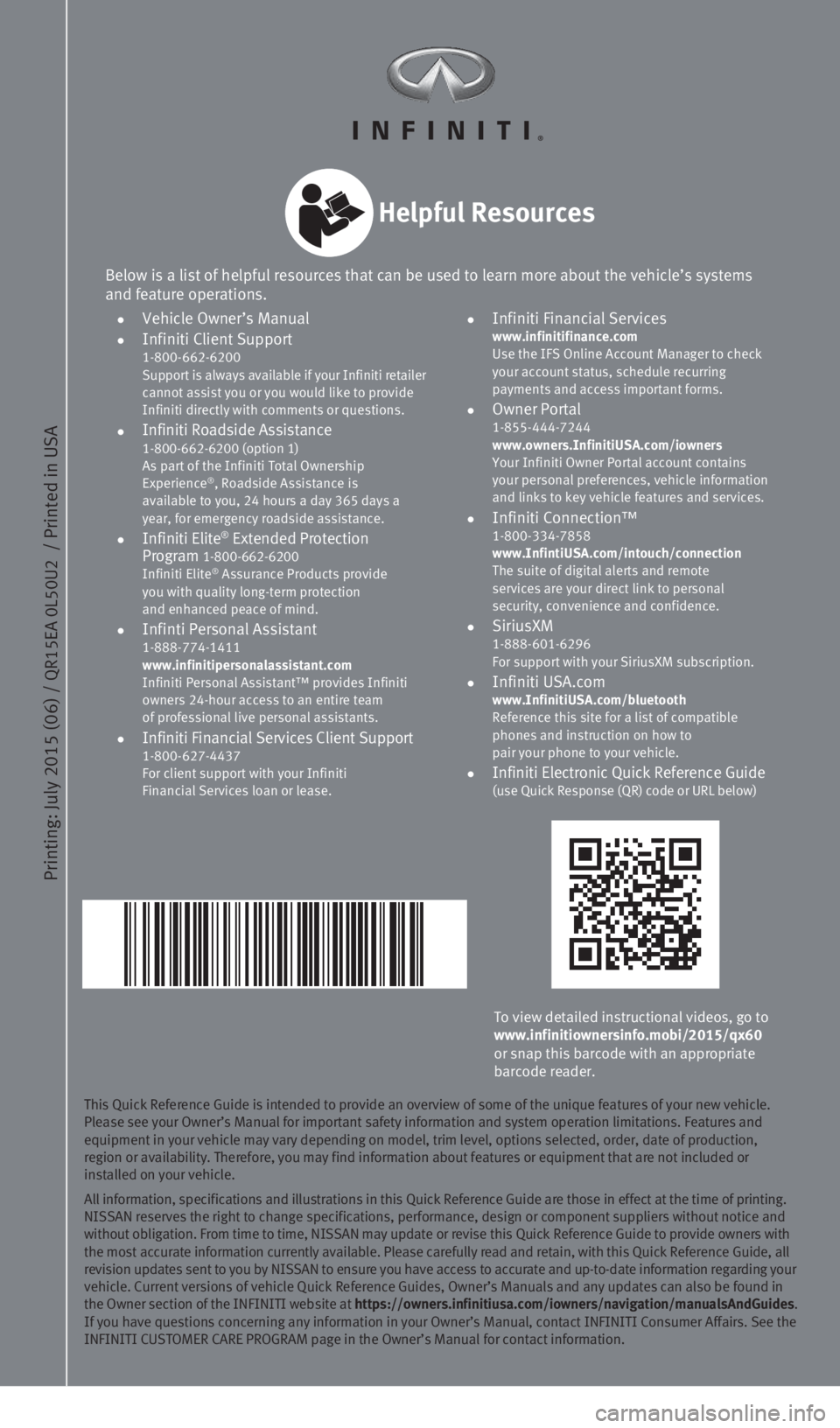 INFINITI QX60 2015  Quick Reference Guide Printing: July 2015 (06) / 
QR15EA 0L50U2 
 / Printed in USA
This Quick Reference Guide is intended to provide an overview of some of\
 the unique features of your new vehicle. 
Please see your Owner