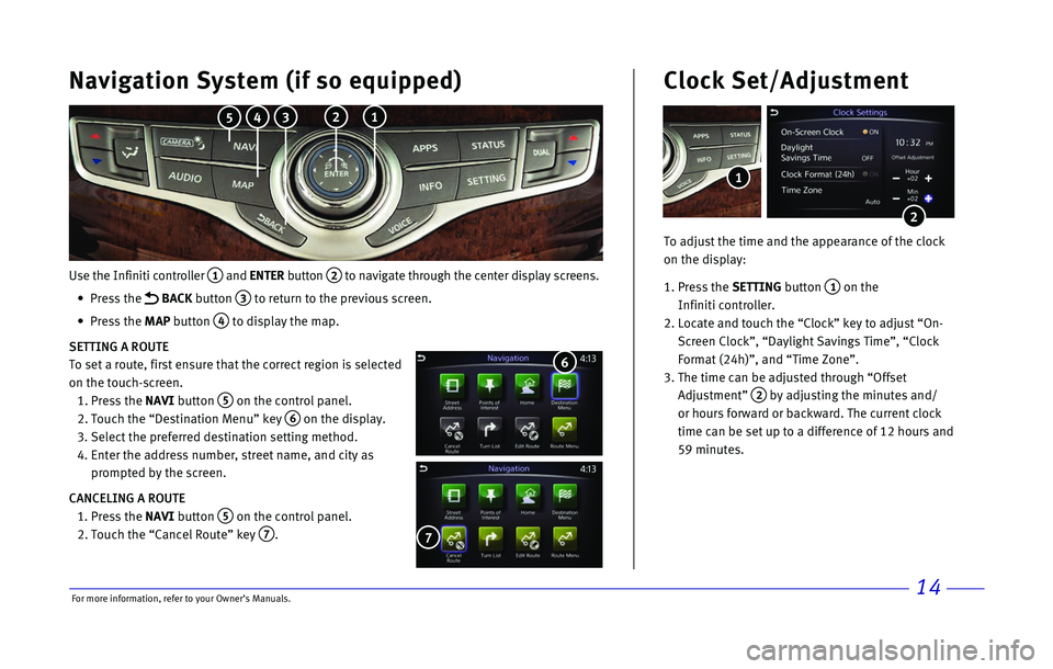 INFINITI QX60 2017  Quick Reference Guide 14
Use the Infiniti controller  1 and ENTER button  2 to navigate through the center display screens.
 •

   
Press  the 
 BACK button   3 to return to the previous screen.
 •

   
Press  the  MAP