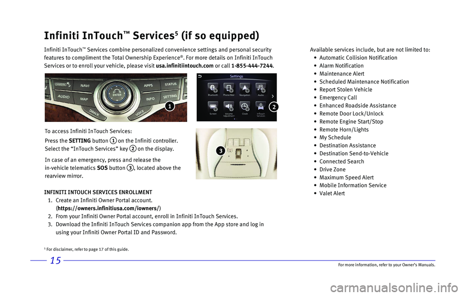 INFINITI QX60 2017  Quick Reference Guide 15
Infiniti InTouch™ Services5 (if so equipped)
Infiniti InTouch ™ Services combine personalized convenience settings and personal securit\
y 
features to compliment the Total Ownership Experience
