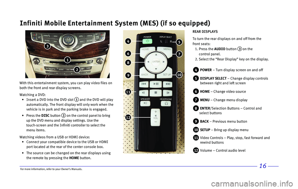 INFINITI QX60 2017  Quick Reference Guide 16
Infiniti Mobile Entertainment System (MES) (if so equipped)
With this entertainment system, you can play video files on 
both the front and rear display screens.
Watching a DVD:
 •
 
 
  
Insert 