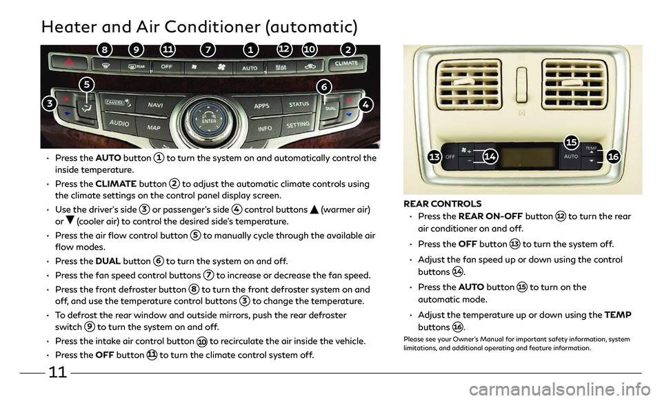INFINITI QX60 2018  Quick Reference Guide 11
Heater and Air Conditioner (automatic)
 •    Press  the AUTO button  1 to turn the system on and automatically control the 
inside temperature.
 •    Press  the CLIMATE button  2 to adjust the 
