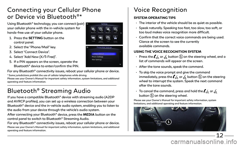 INFINITI QX60 2018  Quick Reference Guide 12
Connecting your Cellular Phone 
or Device via Bluetooth
®*
Using Bluetooth® technology, you can connect (pair) 
your cellular phone with the in-vehicle system for 
hands-free use of your cellular