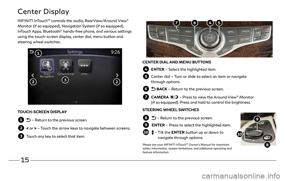 INFINITI QX60 2019  Quick Reference Guide 15
Center Display
INFINITI InTouch™ controls the audio, RearView/Around View® 
Monitor (if so equipped), Navigation System (if so equipped), 
InTouch Apps, Bluetooth
® hands-free phone, and variou