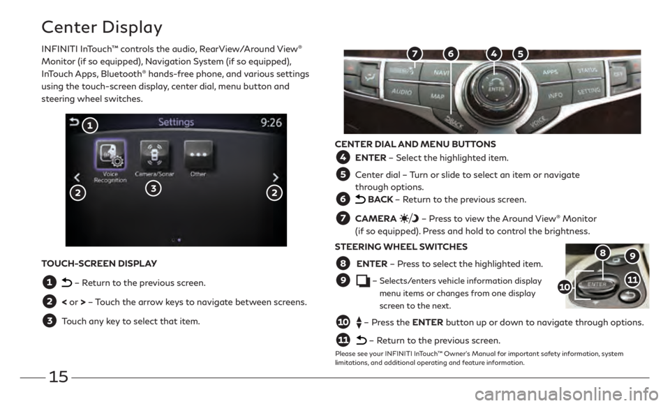 INFINITI QX60 2020 Quick Reference Guide 15
Center Display
INFINITI InTouch™ controls the audio, RearView/Around View®
Monitor (if so equipped), Navigation System (if so equipped),
InTouch Apps, Bluetooth
® hands-free phone, and variou INFINITI QX60 2020 Quick Reference Guide 15
Center Display
INFINITI InTouch™ controls the audio, RearView/Around View®
Monitor (if so equipped), Navigation System (if so equipped),
InTouch Apps, Bluetooth
® hands-free phone, and variou
