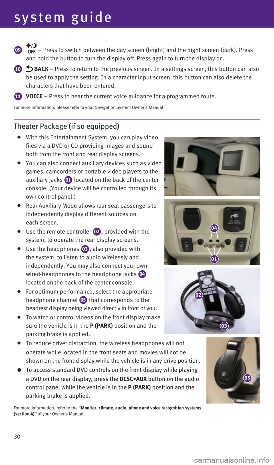 INFINITI QX60 HYBRID 2014  Quick Reference Guide system guide
30
Theater Package (if so equipped)
   With this Entertainment System, you can play video  
files via a DVD or CD providing images and sound  
both from the front and rear display screens