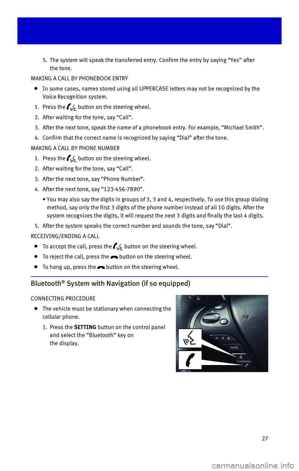 INFINITI QX60 HYBRID 2016  Quick Reference Guide 27
   5.   The system will speak the transferred entry. Confirm the entry by saying\
 “Yes” after  
the tone.
MAKING A CALL BY PHONEBOOK ENTRY
    In some cases, names stored using all UPPERCASE l
