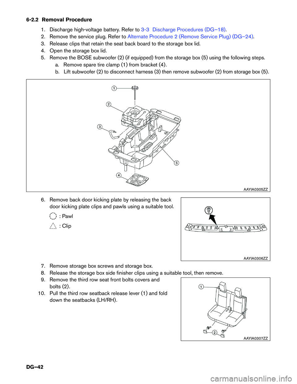 INFINITI QX60 HYBRID 2017 Dismantling Guide 6-2.2 Removal Procedure
1. Discharge high-voltage battery. Refer to 3-3 Discharge Procedures (DG–18).
2.
Remove the service plug. Refer to Alternate Procedure 2 (Remove Service Plug) (DG–24).
3.
INFINITI QX60 HYBRID 2017 Dismantling Guide 6-2.2 Removal Procedure
1. Discharge high-voltage battery. Refer to 3-3 Discharge Procedures (DG–18).
2.
Remove the service plug. Refer to Alternate Procedure 2 (Remove Service Plug) (DG–24).
3.