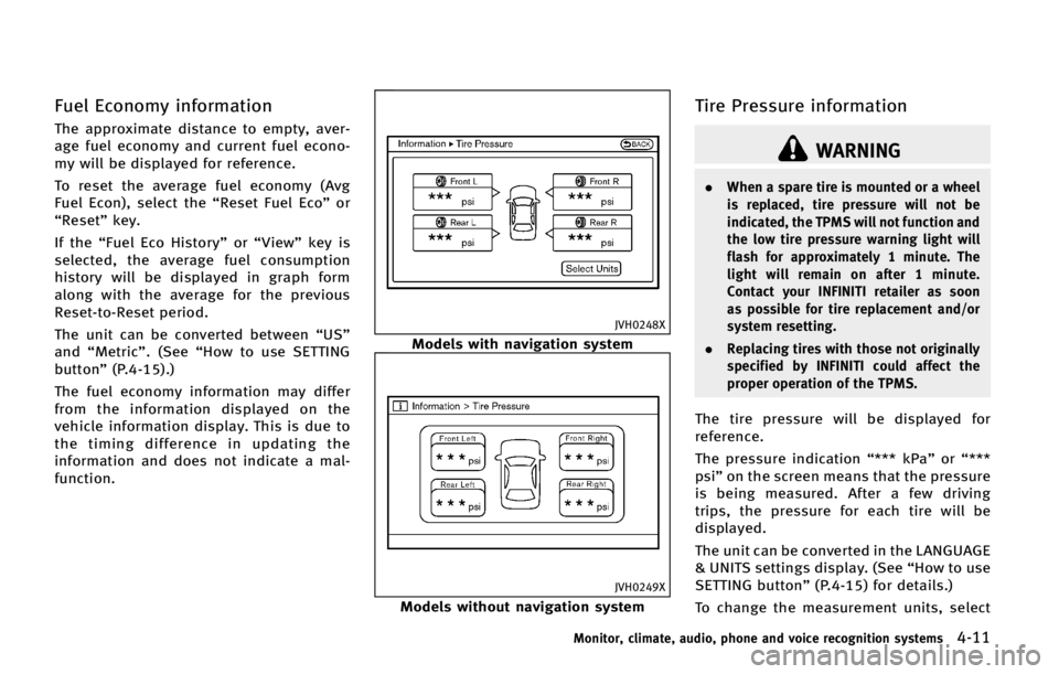 INFINITI QX70 2015  Owners Manual ��V�F�M �&�D�P�O�P�N�Z �J�O�G�P�S�N�B�U�J�P�O
�5�I�F �B�Q�Q�S�P�Y�J�N�B�U�F �E�J�T�U�B�O�D�F �U�P �F�N�Q�U�Z�
 �B�W�F�S�
�B�H�F �G�V�F�M �F�D�P�O�P�N�Z �B�O�E �D�V�S�S�F�O�U �G�V�F�M �F�D�P�O�P�
�N