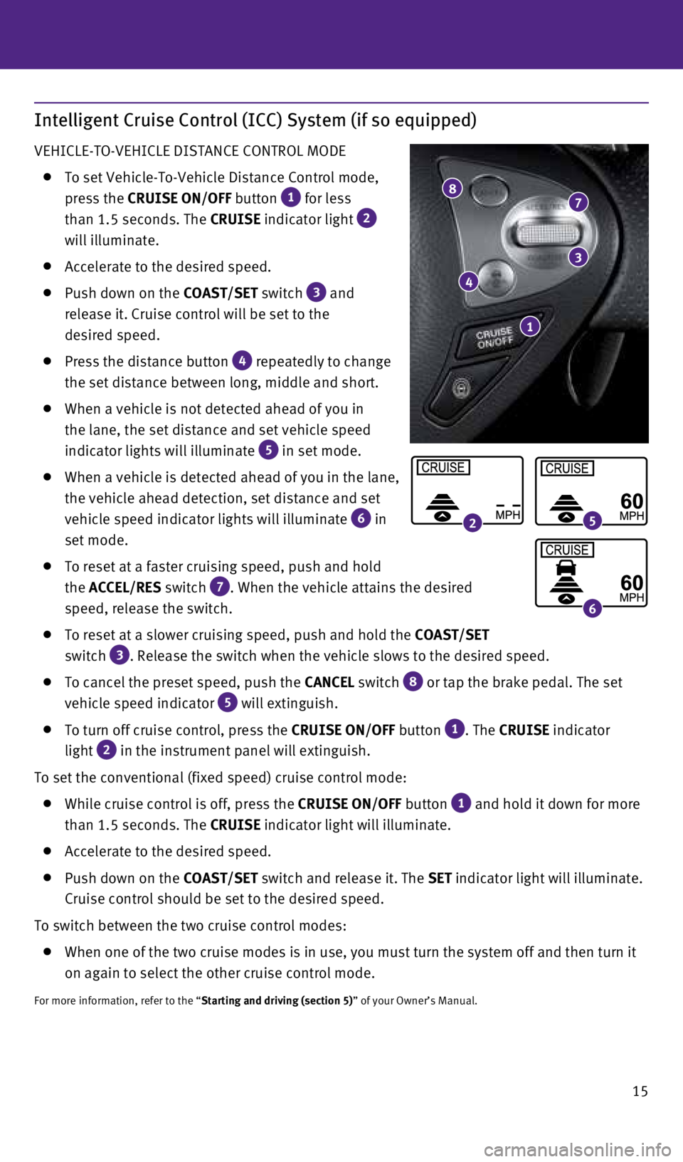 INFINITI QX70 2015 Quick Reference Guide 15
Intelligent Cruise Control (ICC) System (if so equipped)
VEHICLE-TO-VEHICLE DISTANCE CONTROL MODE
To set Vehicle-To-Vehicle Distance Control mode,
press the CRUISE ON/OFF button
1 for less INFINITI QX70 2015 Quick Reference Guide 15
Intelligent Cruise Control (ICC) System (if so equipped)
VEHICLE-TO-VEHICLE DISTANCE CONTROL MODE
To set Vehicle-To-Vehicle Distance Control mode,
press the CRUISE ON/OFF button
1 for less