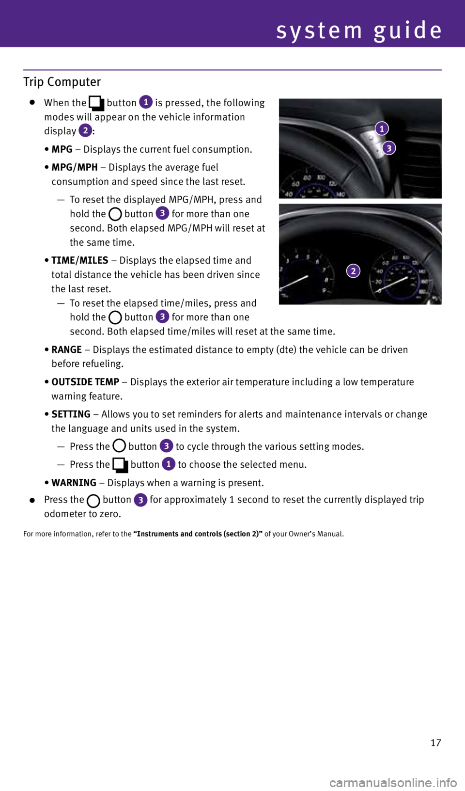 INFINITI QX70 2015  Quick Reference Guide 17
system guide
Trip Computer
   When the
  button
 1 is pressed, the following  
modes will appear on the vehicle information 
display  
2:
    •  MPG – Displays the current fuel consumption.
   