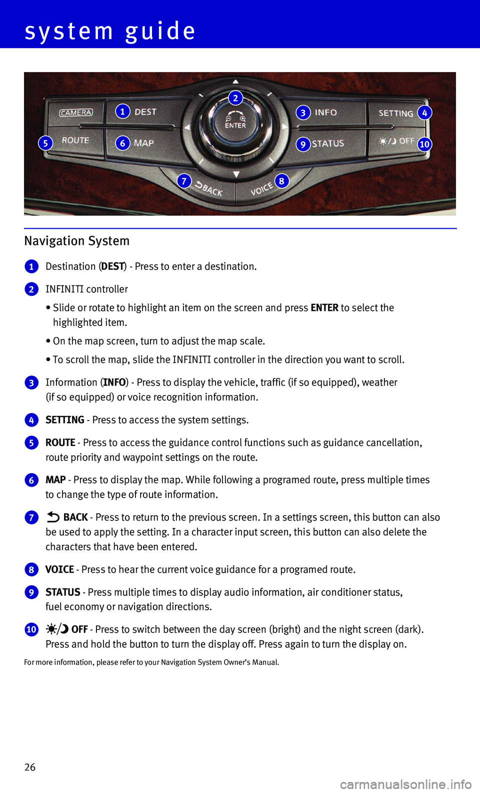 INFINITI QX80 2015 Quick Reference Guide 26
system guide
Navigation System
1 Destination (DEST) - Press to enter a destination.
2 INFINITI controller
• Slide or rotate to highlight an item on the screen and press ENTER to select the INFINITI QX80 2015 Quick Reference Guide 26
system guide
Navigation System
1 Destination (DEST) - Press to enter a destination.
2 INFINITI controller
• Slide or rotate to highlight an item on the screen and press ENTER to select the