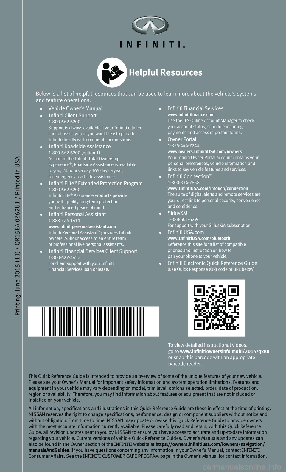 INFINITI QX80 2015 Quick Reference Guide Printing: June 2015 (11) / QR15EA 0Z62U1 / Printed in USA
This Quick Reference Guide is intended to provide an overview of some of\
the unique features of your new vehicle. Please see your Owner’s INFINITI QX80 2015 Quick Reference Guide Printing: June 2015 (11) / QR15EA 0Z62U1 / Printed in USA
This Quick Reference Guide is intended to provide an overview of some of\
the unique features of your new vehicle. Please see your Owner’s