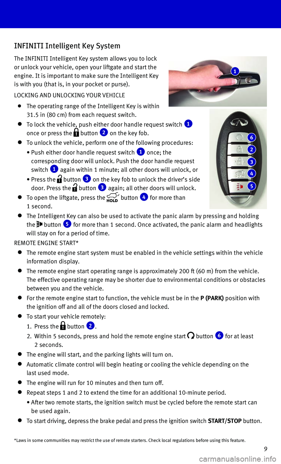 INFINITI QX80 2016  Quick Reference Guide 9
INFINITI Intelligent Key System
The INFINITI Intelligent Key system allows you to lock 
or unlock your vehicle, open your liftgate and start the 
engine. It is important to make sure the Intelligent