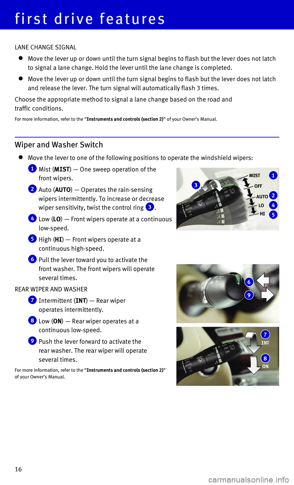 INFINITI QX80 2016  Quick Reference Guide 16
first drive features 
Wiper and Washer Switch
    Move the lever to one of the following positions to operate the windshie\
ld wipers: 
   1  Mist (MIST) — One sweep operation of the  
front wipe
