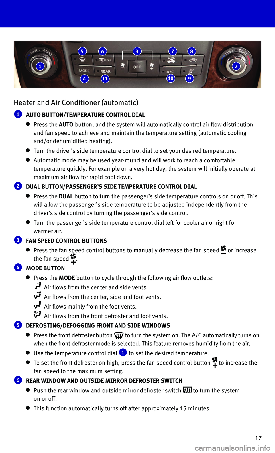 INFINITI QX80 2016  Quick Reference Guide 17
Heater and Air Conditioner (automatic)
 1 AUTO BUTTON/TEMPERATURE CONTROL DIAL
     Press  the AUTO button, and the system will automatically control air flow distribution\
  
and fan speed to achi