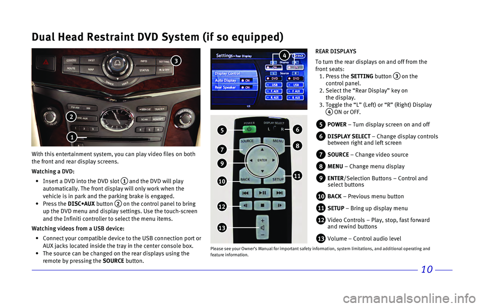 INFINITI QX80 2017 Quick Reference Guide 10
Dual Head Restraint DVD System (if so equipped)
With this entertainment system, you can play video files on both
the front and rear display screens.
Watching a DVD:
• Insert a DVD into the DV INFINITI QX80 2017 Quick Reference Guide 10
Dual Head Restraint DVD System (if so equipped)
With this entertainment system, you can play video files on both
the front and rear display screens.
Watching a DVD:
• Insert a DVD into the DV