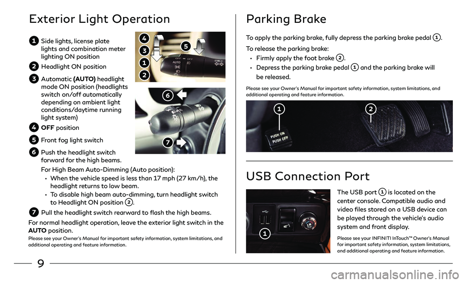 INFINITI QX80 2019 Quick Reference Guide 9
Side lights, license plate
lights and combination meter
lighting ON position
Headlight ON position
Automatic (AUTO) headlight
mode ON position (headlights
switch on/off automatically
depe INFINITI QX80 2019 Quick Reference Guide 9
Side lights, license plate
lights and combination meter
lighting ON position
Headlight ON position
Automatic (AUTO) headlight
mode ON position (headlights
switch on/off automatically
depe