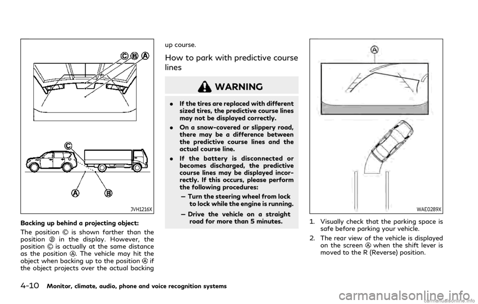 INFINITI QX80 2021  Owners Manual 4-10Monitor, climate, audio, phone and voice recognition systems
JVH1216X
Backing up behind a projecting object:
The position
is shown farther than the
positionin the display. However, the
positionis 