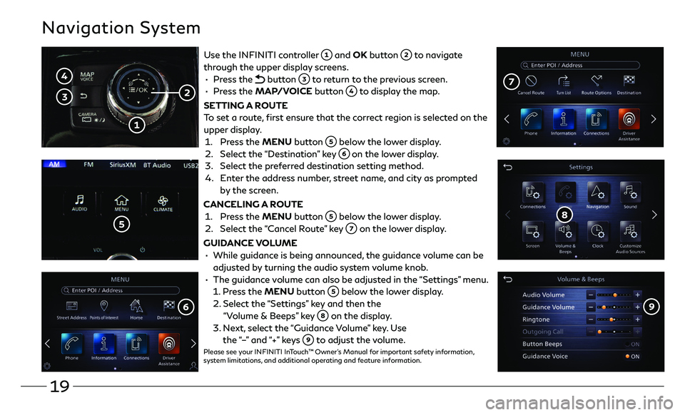 INFINITI QX80 2021  Quick Reference Guide 19
Navigation System
Use the INFINITI controller  and OK button  to navigate 
through the upper display screens.
 •  Press  the  button  to return to the previous screen.
 •  Press  the MAP/VOICE 