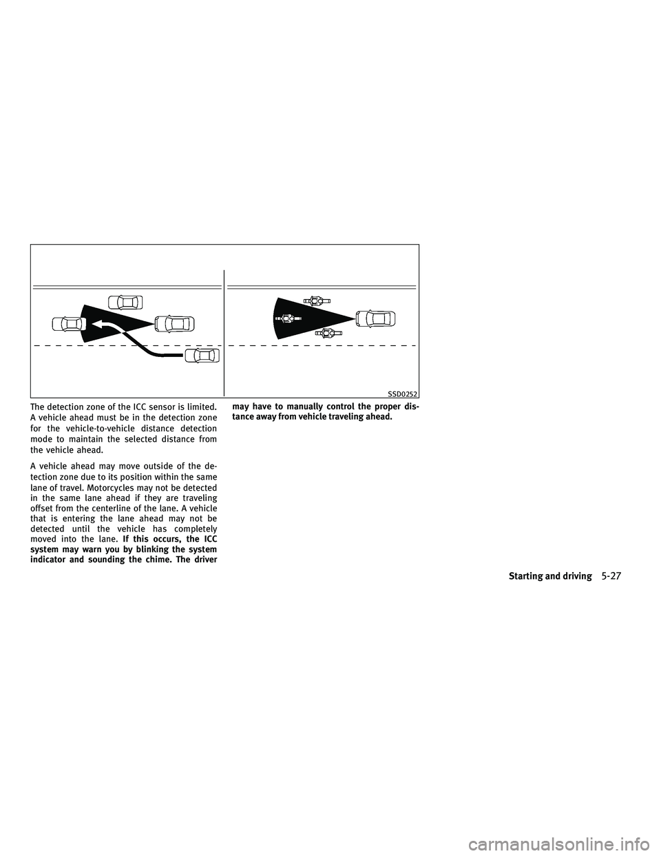 INFINITI G 2010  Owners Manual The detection zone of the ICC sensor is limited.
A vehicle ahead must be in the detection zone
for the vehicle-to-vehicle distance detection
mode to maintain the selected distance from
the vehicle ahe