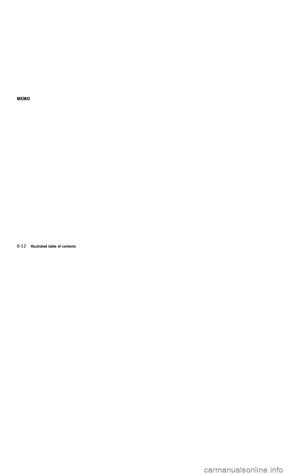 INFINITI M-HEV 2012  Owners Manual 858763.psp Nissan Infiniti OM OM2E HY51U0 Hybrid 1" gutter 12/21/2010 14\
:36:44 16 B
0-12Illustrated table of contents
MEMO
0-12Illustrated table of contents
MEMO 