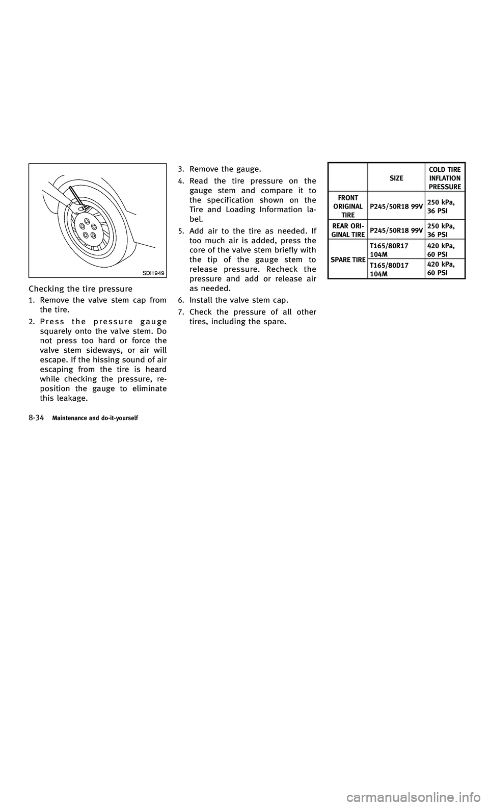 INFINITI M-HEV 2012  Owners Manual 858763.psp Nissan Infiniti OM OM2E HY51U0 Hybrid 1" gutter 12/21/2010 14\
:36:44 244 B
8-34Maintenance and do-it-yourself
SDI1949
Checking the tire pressure
1.Remove the valve stem cap from
the tire.
