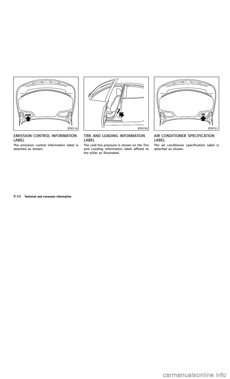INFINITI M-HEV 2012  Owners Manual 858763.psp Nissan Infiniti OM OM2E HY51U0 Hybrid 1" gutter 12/21/2010 14\
:36:44 253 B
9-10Technical and consumer information
STI0719
EMISSION CONTROL INFORMATION
LABEL
The emission control informatio