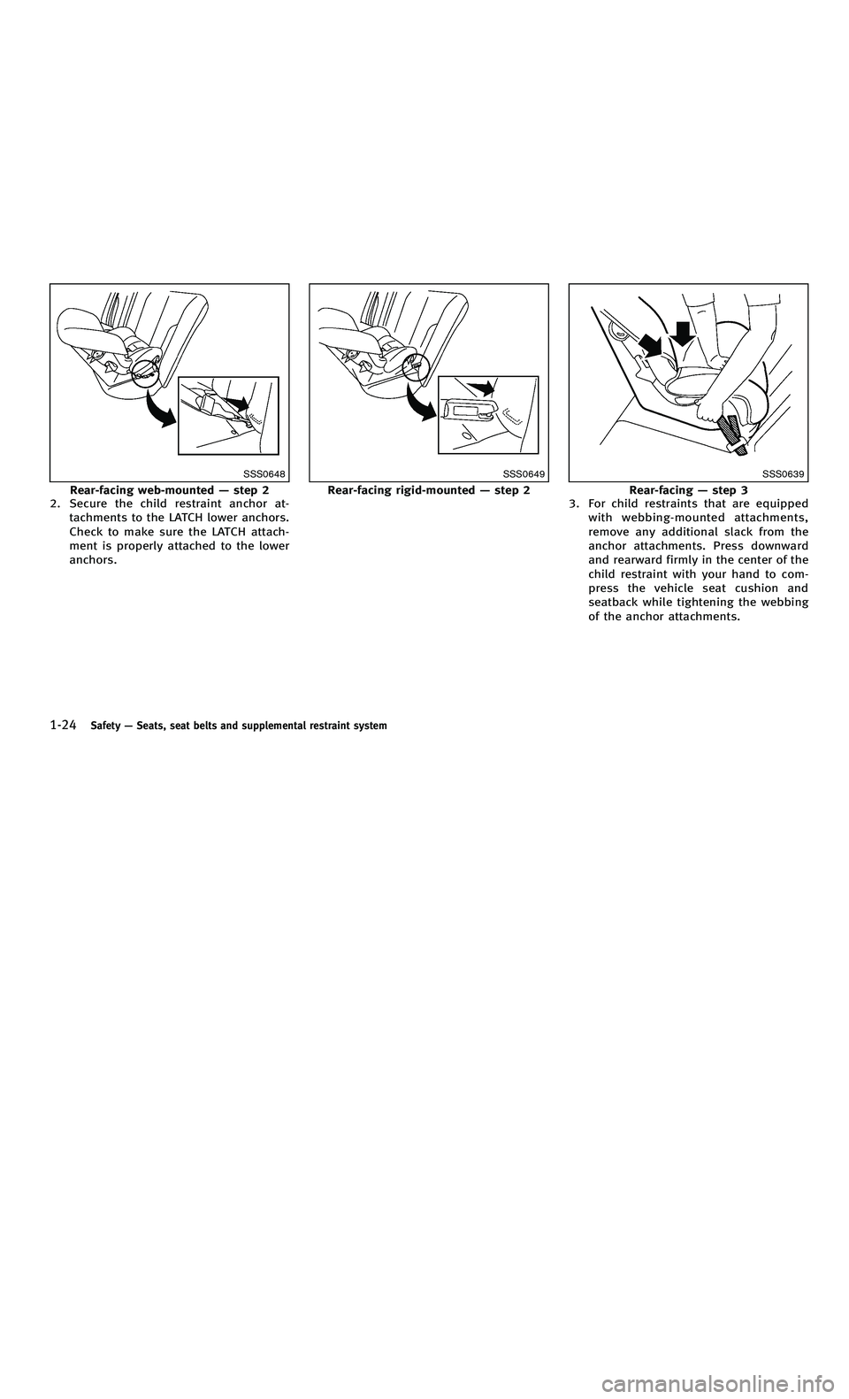 INFINITI M-HEV 2012  Owners Manual 858763.psp Nissan Infiniti OM OM2E HY51U0 Hybrid 1" gutter 12/21/2010 14\
:36:44 28 B
1-24Safety—Seats, seat belts and supplemental restraint system
SSS0648
Rear-facing web-mounted —step 2
2. Secu