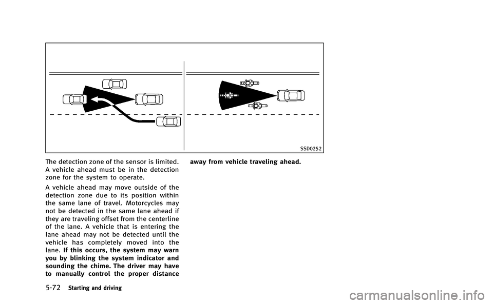 INFINITI M-HEV 2013  Owners Manual 5-72Starting and driving
SSD0252
The detection zone of the sensor is limited.
A vehicle ahead must be in the detection
zone for the system to operate.
A vehicle ahead may move outside of the
detection