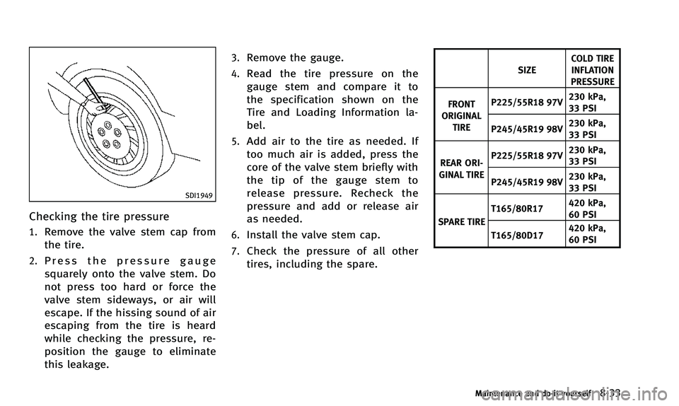 INFINITI QX50 2014 Owners Manual SDI1949
Checking the tire pressure
1.Remove the valve stem cap from
the tire.
2.Press the pressure gauge
squarely onto the valve stem. Do
not press too hard or force the
valve stem sideways, or air wi INFINITI QX50 2014 Owners Manual SDI1949
Checking the tire pressure
1.Remove the valve stem cap from
the tire.
2.Press the pressure gauge
squarely onto the valve stem. Do
not press too hard or force the
valve stem sideways, or air wi